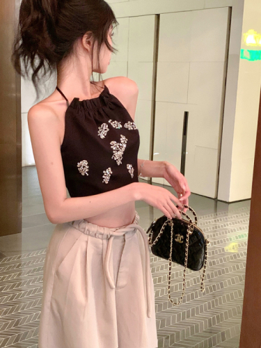 Real shot real price black backless halter neck camisole female 2023 summer new short hot girl top