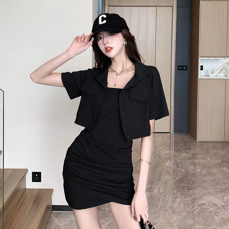 Hot girl suit female 2023 summer pure desire short-sleeved shirt small suspender dress bag hip skirt two-piece set