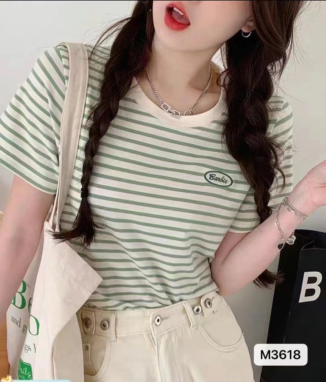 2023 summer new Korean version of the small fresh round neck letter embroidered stripes thin short-sleeved top women
