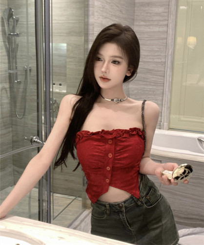 Real shot real price hot girl who purely wants to look thinner waist short wooden ear tight tube top suspender with small vest female