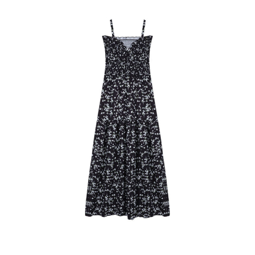 Black floral dress female 2023 summer slim suspender skirt temperament slit skirt tea break skirt French long skirt