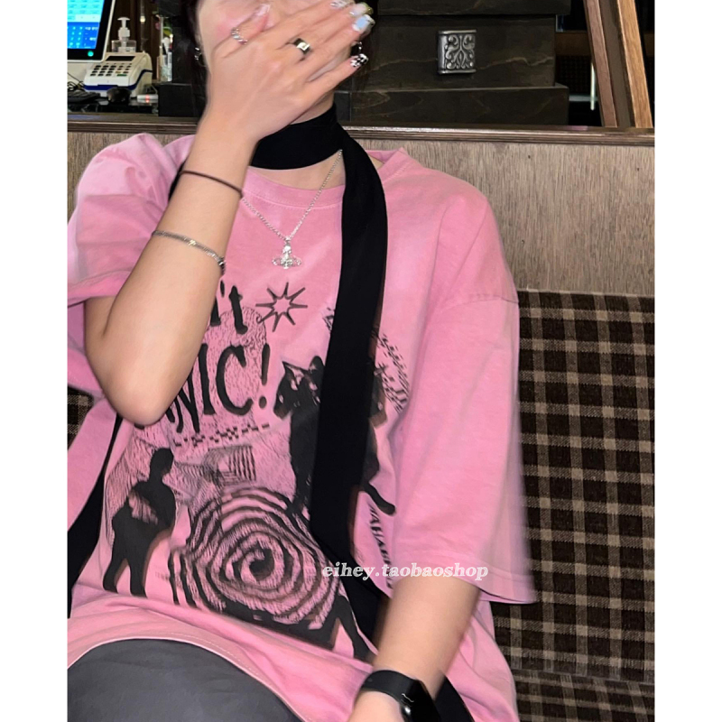 Hey summer pullover round neck short-sleeved men and women loose niche street couple all-match black cat cute T-shirt
