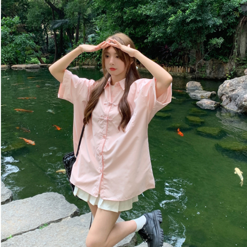 Real shot new Chinese style summer peach pink buckle short-sleeved shirt women 2023 summer new casual chic shirt open