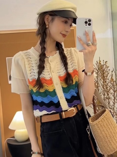Puff sleeve stitching striped wool knitted cardigan women's 2023 summer new Korean version of slim fit all-match age-reducing small shirt tide