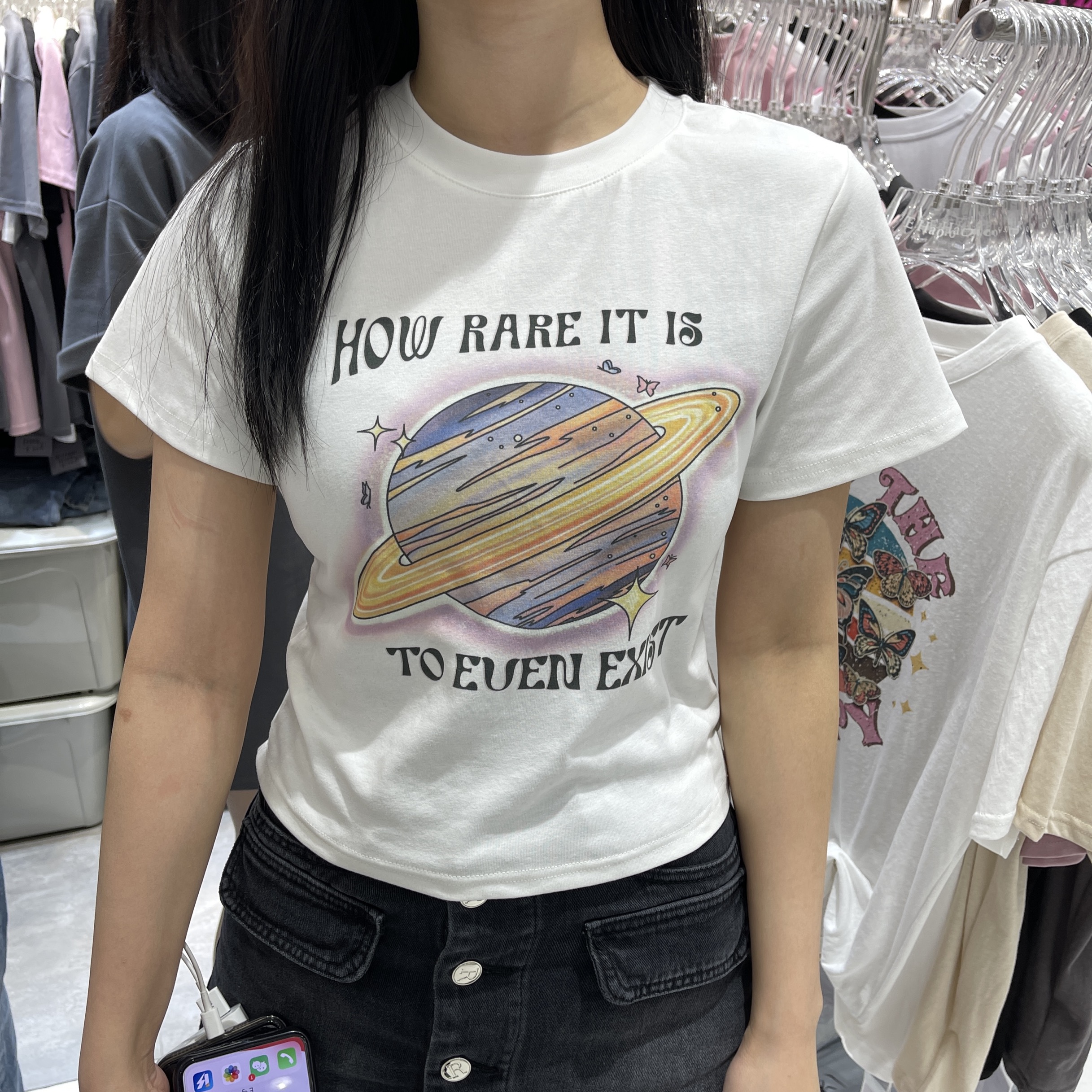 Planetarium letter printing short-sleeved T-shirt female 2023 summer new unique special age-reducing small shirt shoulder short top