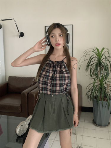 Real price real price Summer new Korean version of sweet girl strap design sense plaid strap top women