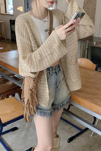 Hollow sunscreen knitted sweater women's summer thin cardigan blouse spring suspenders top loose lazy wind jacket