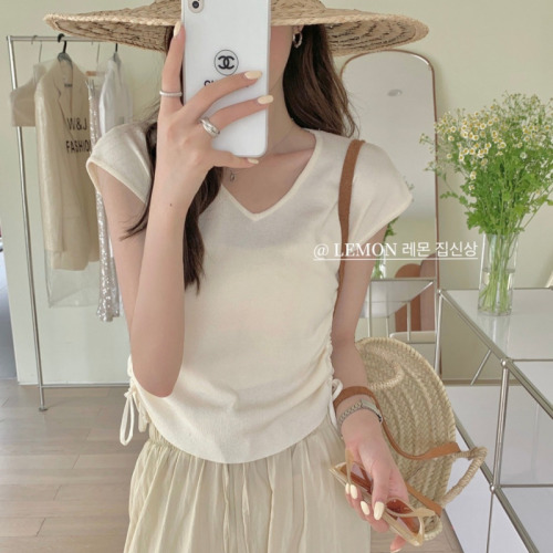 2023 new summer lemon green tea all-match solid color V-neck slim drawstring exquisite thin section sweater short-sleeved T-shirt