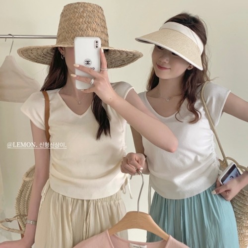2023 new summer lemon green tea all-match solid color V-neck slim drawstring exquisite thin section sweater short-sleeved T-shirt