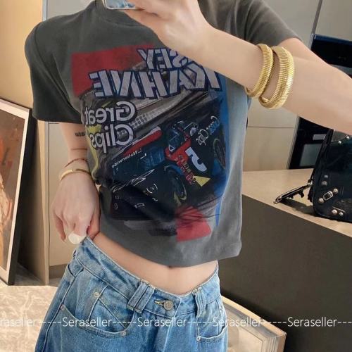 American retro racing print short-sleeved T-shirt women's 23 summer new fashion all-match foreign style age-reducing short top