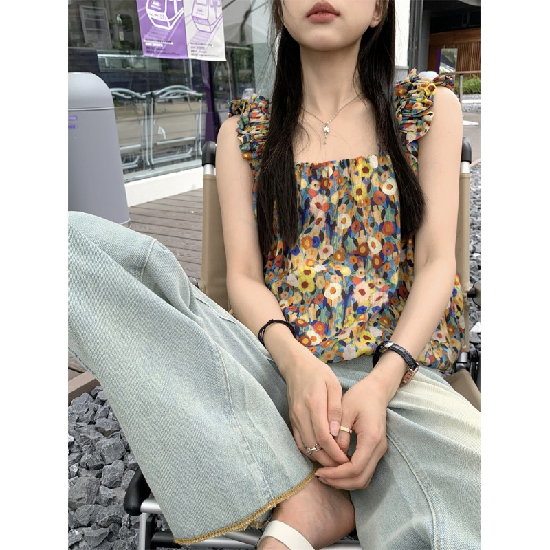Oil painting suspenders small vest women's summer loose and thin short outerwear tops
