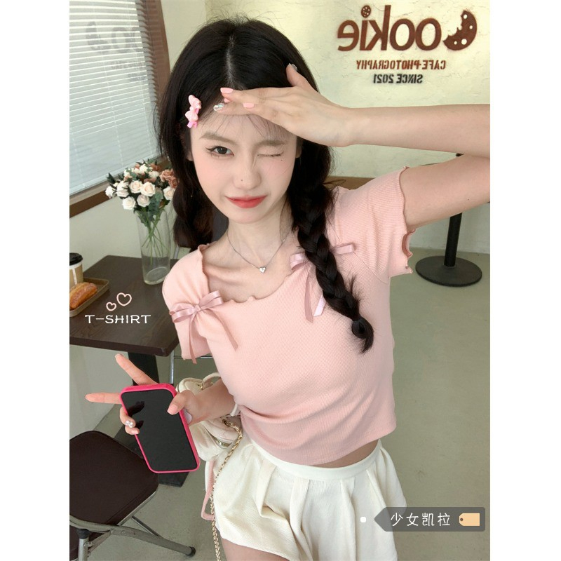 Ice silk rib 250g Japanese style soft girl sweet square neck bow short-sleeved top women