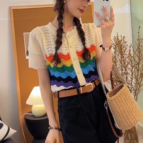 Puff sleeve stitching striped wool knitted cardigan women's 2023 summer new Korean version of slim fit all-match age-reducing small shirt tide
