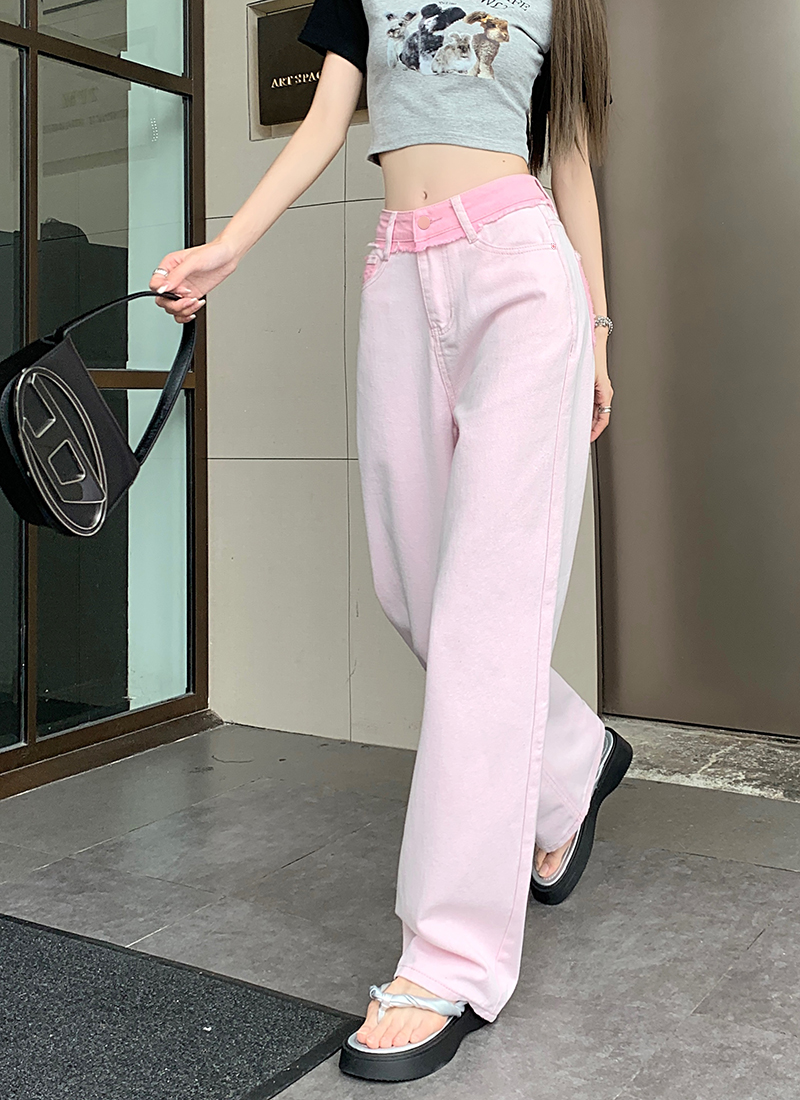 Real price real price 2023 summer new pink straight jeans female niche hit color high waist wide leg mopping pants
