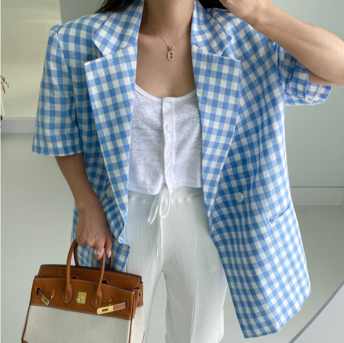 Original fresh blue and white plaid lapel short-sleeved loose casual suit jacket