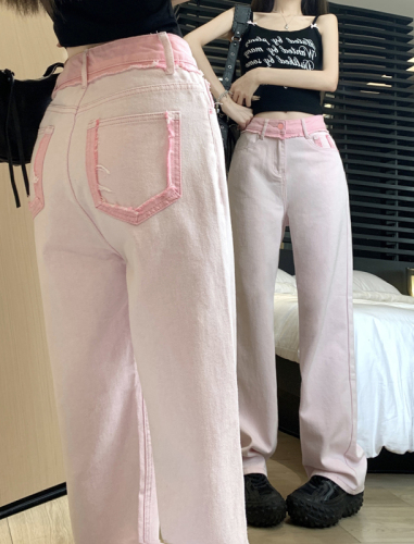 Real price real price 2023 summer new pink straight jeans female niche hit color high waist wide leg mopping pants