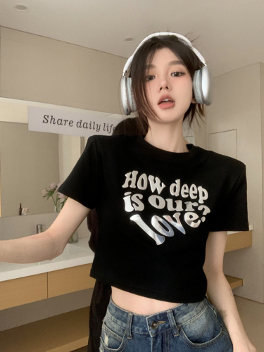 Real shot real price American retro three-dimensional love letters short short sleeves slim fit all-match T-shirt women