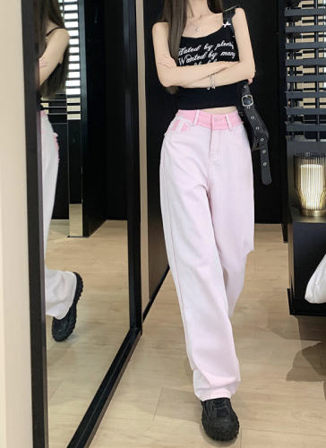 Real price real price 2023 summer new pink straight jeans female niche hit color high waist wide leg mopping pants