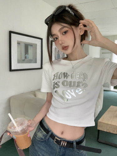 Real shot real price American retro three-dimensional love letters short short sleeves slim fit all-match T-shirt women