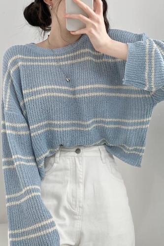 Korean spring and summer thin section long-sleeved loose all-match knitted hollow short air-conditioning blouse striped sunscreen top