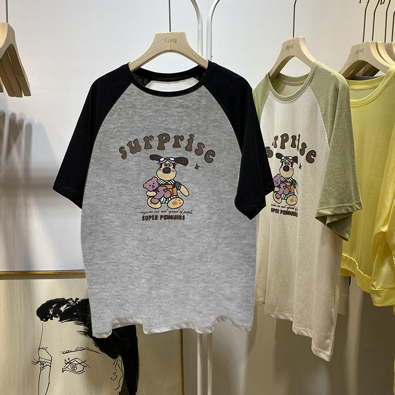 Real price raglan sleeves pure cotton wrap collar short-sleeved T-shirt women 2023 summer new loose letter bear print top
