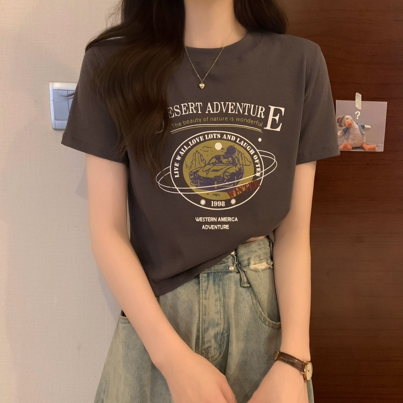 American retro printed front shoulder T-shirt women's summer irregular short-sleeved design sense niche chic short top
