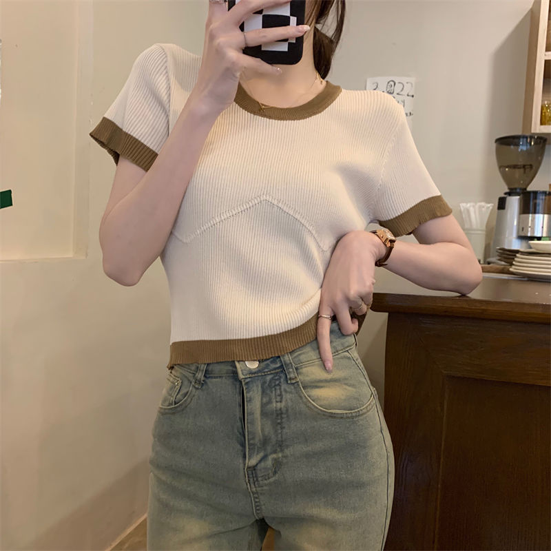 Summer popular design sense color contrast short short-sleeved sweater t-shirt unique chic small top icy silk