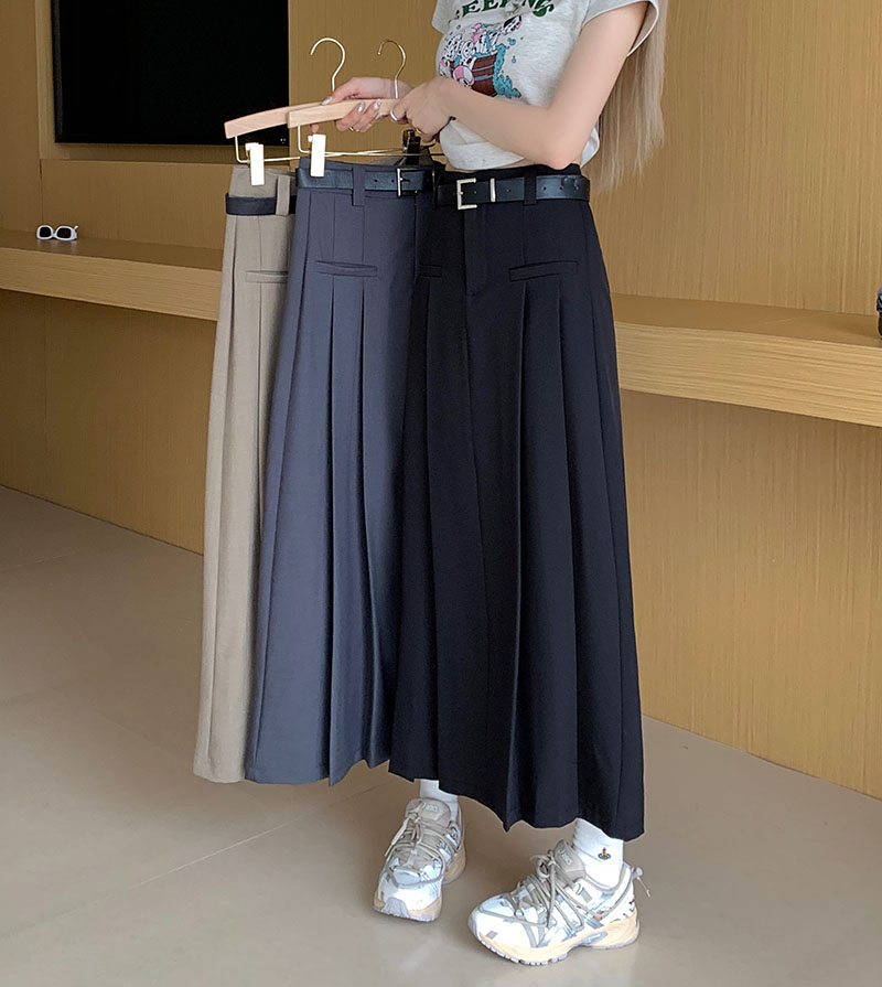 Real shot real price mid-length skirt women's high waist slim A-line skirt pleated long skirt 2023 Xia Xin gift belt