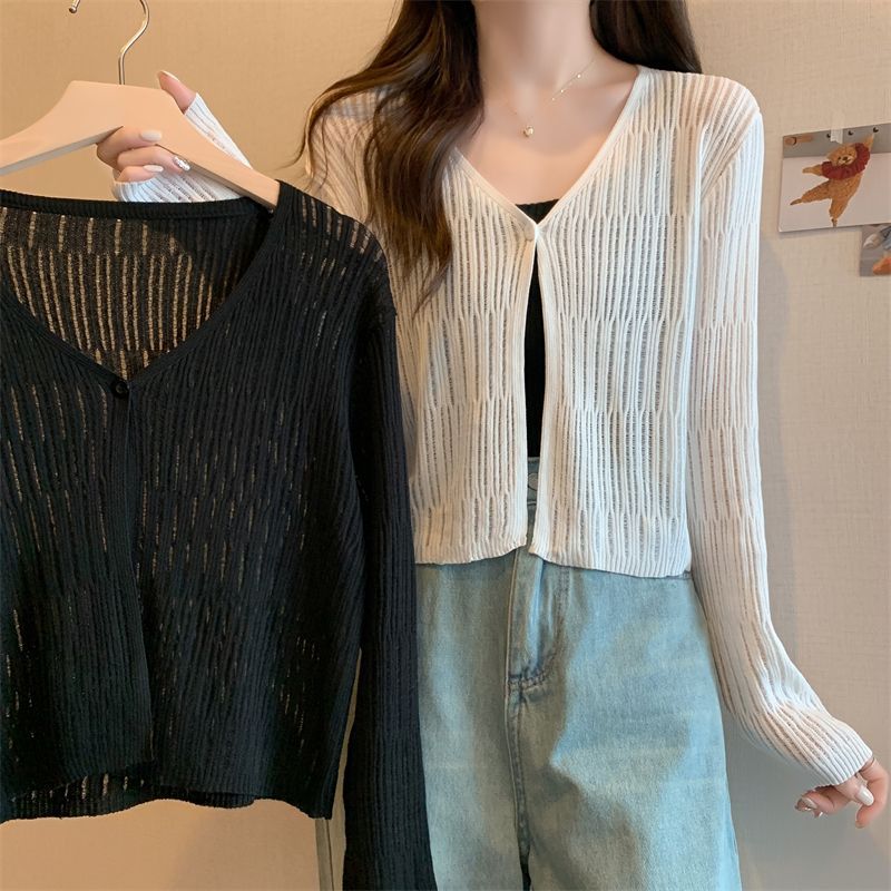 V-neck white ice silk knitted cardigan women's summer thin section short section air-conditioning shirt short section sunscreen jacket top