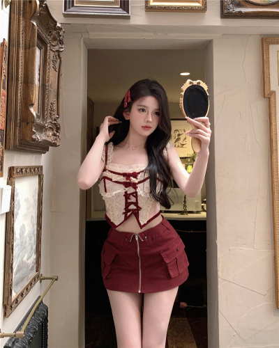 Real shot summer retro sexy lace bow sling top + high waist A-line bag hip anti-skid skirt female