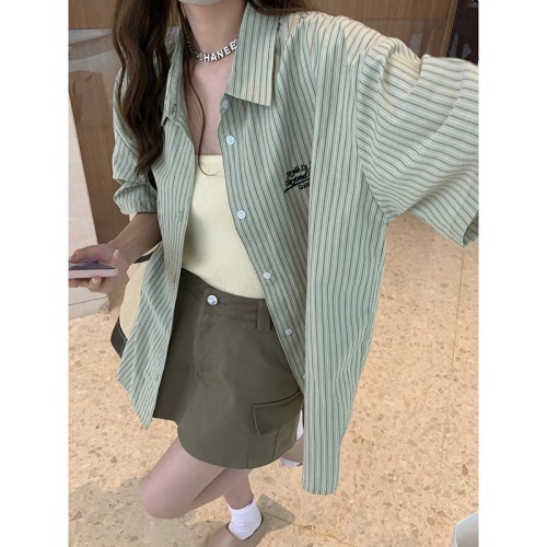 Commuting white and green striped shirt female polo collar design letter embroidery loose casual short-sleeved top all-match