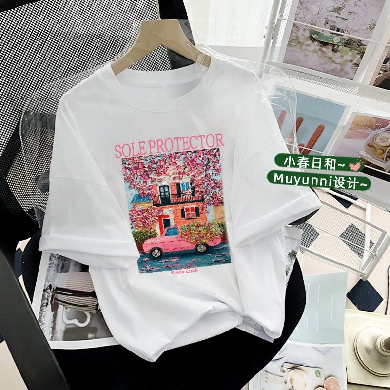 Pure cotton new bm Hong Kong flavor loose all-match top cartoon print short-sleeved T-shirt female