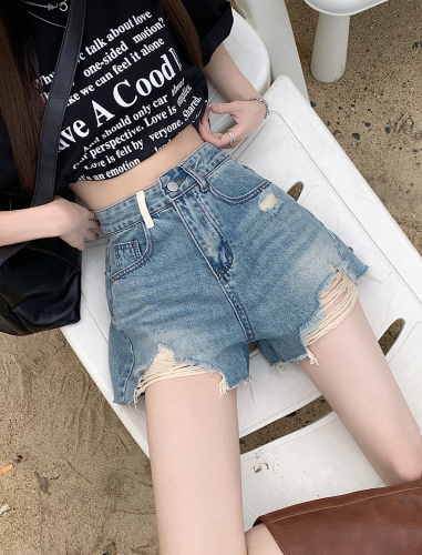 Real price real price 2023 summer new retro sweet cool spicy ripped denim shorts women's contrast color raw wide leg hot pants