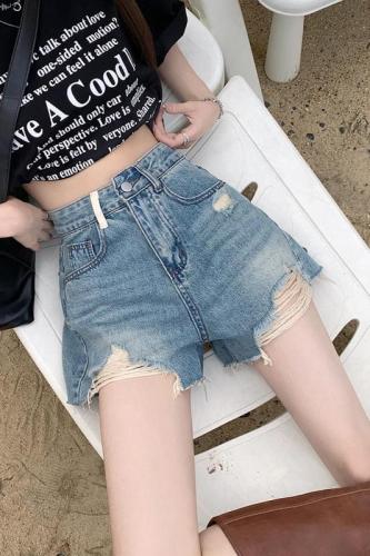 Real price real price 2023 summer new retro sweet cool spicy ripped denim shorts women's contrast color raw wide leg hot pants