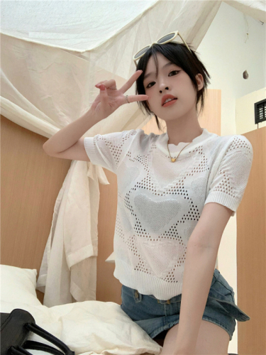 Real price love hollow loose all-match short-sleeved sweater T-shirt women's top