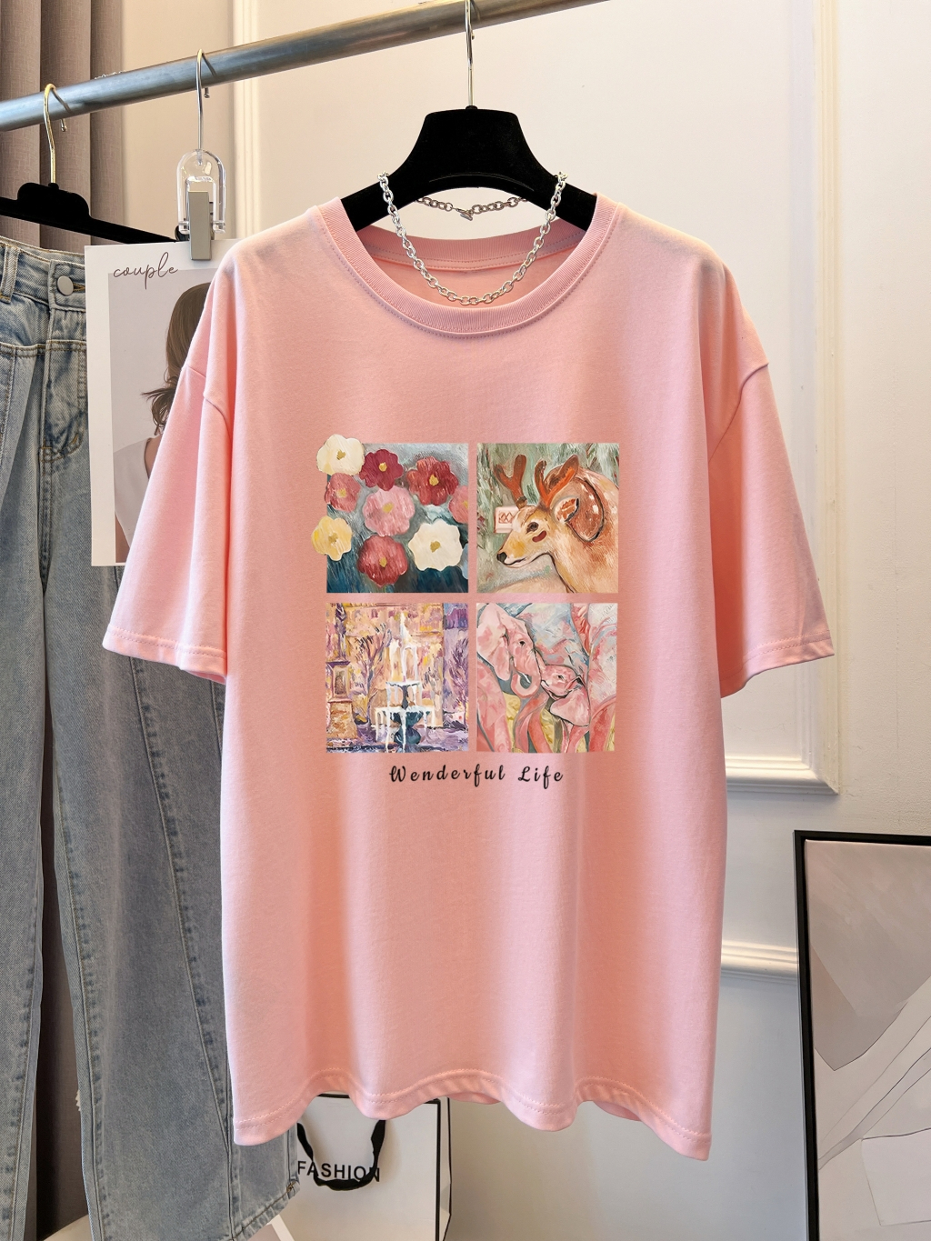 Real shot real price 100% cotton combed cotton printed summer short-sleeved T-shirt women's loose Korean version