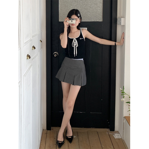 Real shot fake two-piece low-waist skirt female Korean version slim a-line skirt 2023 summer striped skirt