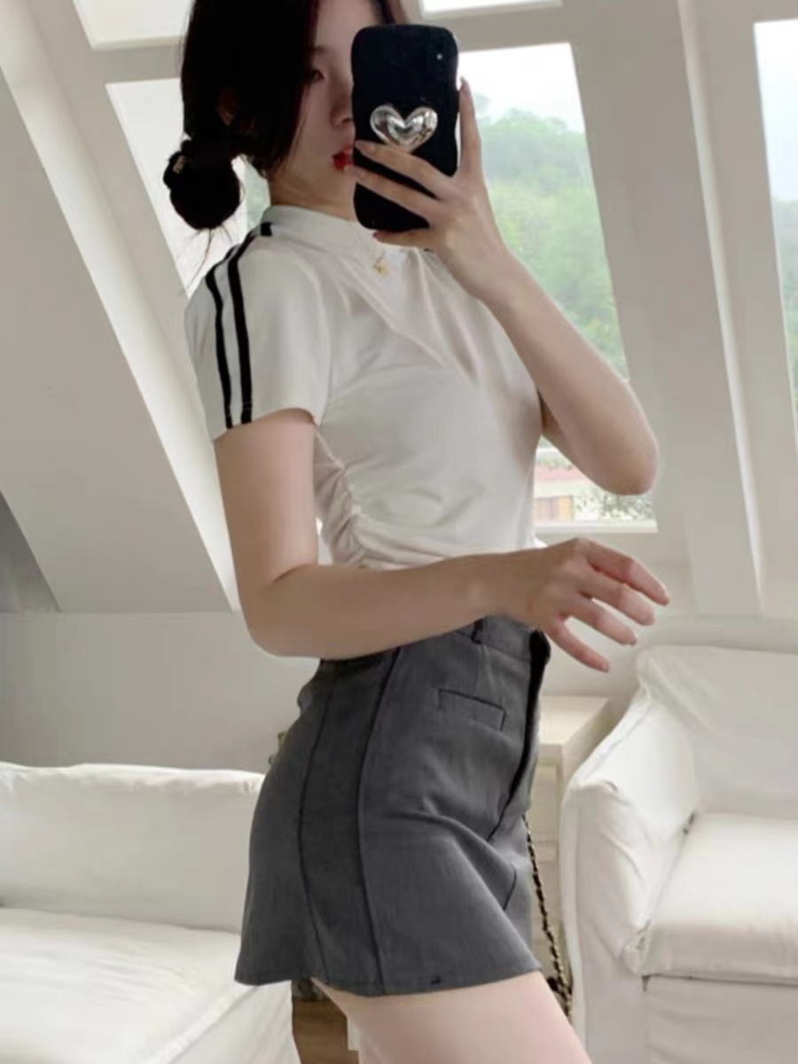 American retro hot girl half high collar pleated waist short top summer Korean version