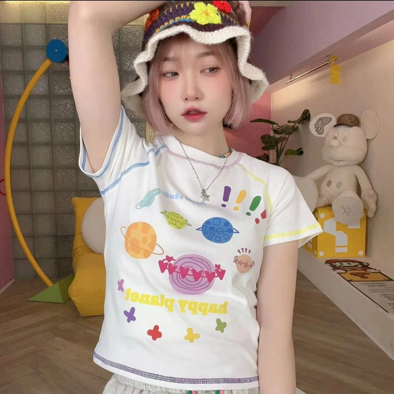 6535 pull frame cotton top line hit color short-sleeved T-shirt female 2023 summer new Korean cartoon