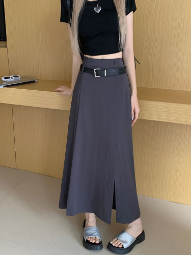 Real price 2023 summer new suit skirt women's high waist slimming front slit mid-length A-line skirt