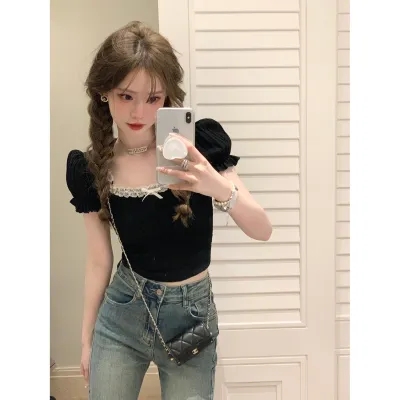 Niche design short-sleeved knitted summer small slim fit short chic