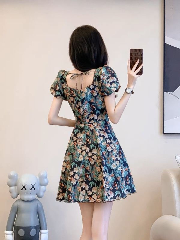 2023 Summer New French Retro Temperament Tea Break Skirt Slim Waist Slim Chic Puff Sleeve Floral Dress