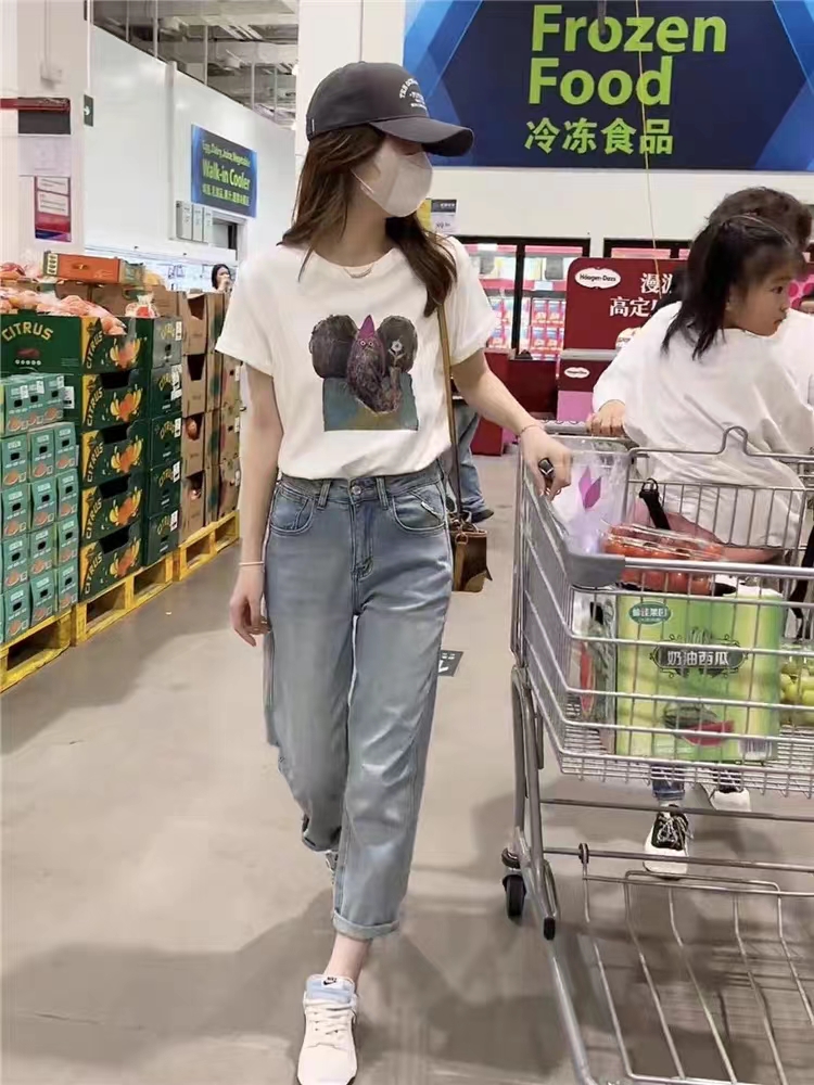 Official picture spring and summer short-sleeved printed T-shirt Four fabrics to choose from Cotton Back collar