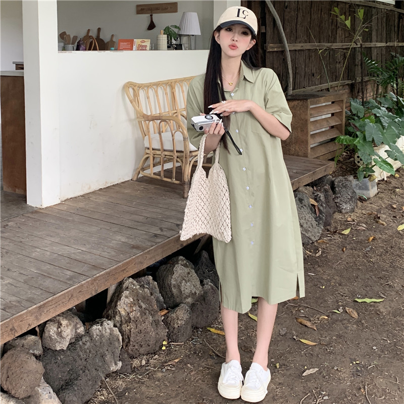 Polo collar single-breasted side slit shirt dress 2023 Amoi Korean version short-sleeved loose casual cotton and linen dress