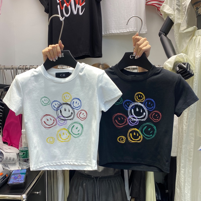 CH Korean summer new short round neck shoulder pads slim fit smiley white short-sleeved T-shirt tops all-match