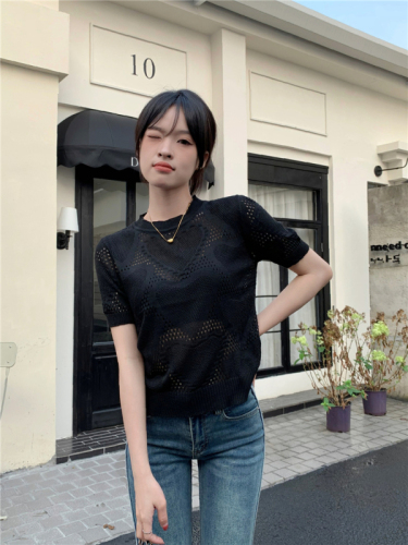 Real price love hollow loose all-match short-sleeved sweater T-shirt women's top