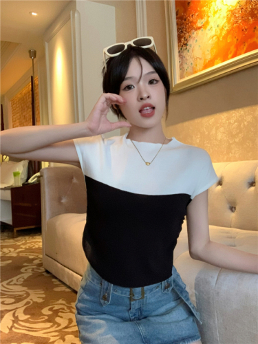 Real shot real price Stitching contrast color small high collar waist pleats slim fit short knitted sleeveless T-shirt top women