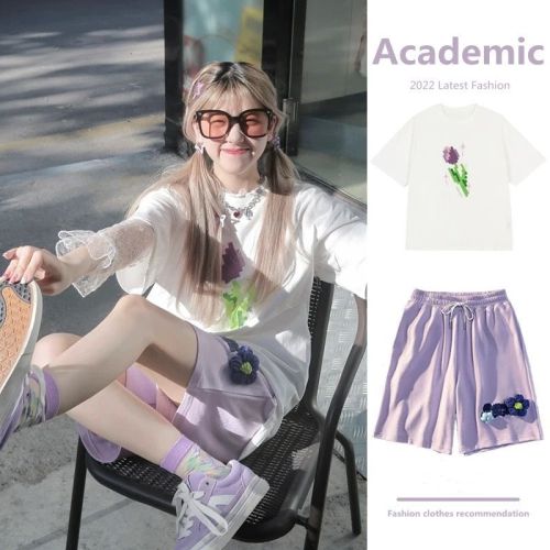 Sports suit female 2023 summer student Korean version loose short-sleeved shorts casual running suit two-piece set