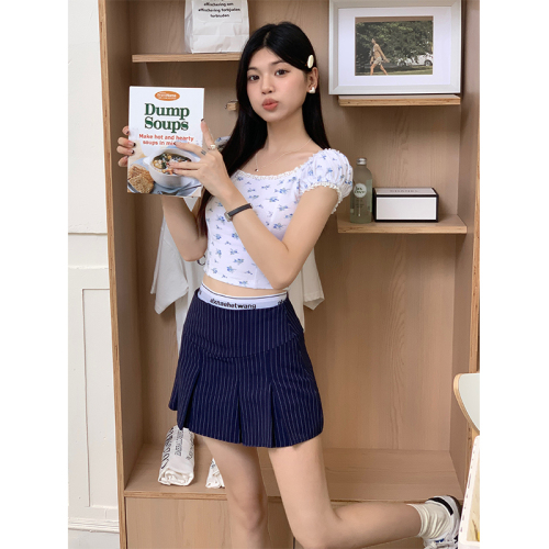Real shot fake two-piece low-waist skirt female Korean version slim a-line skirt 2023 summer striped skirt