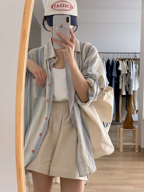 Striped Hong Kong style long-sleeved shirt women's sunscreen jacket summer design sense niche shirt with retro thin top